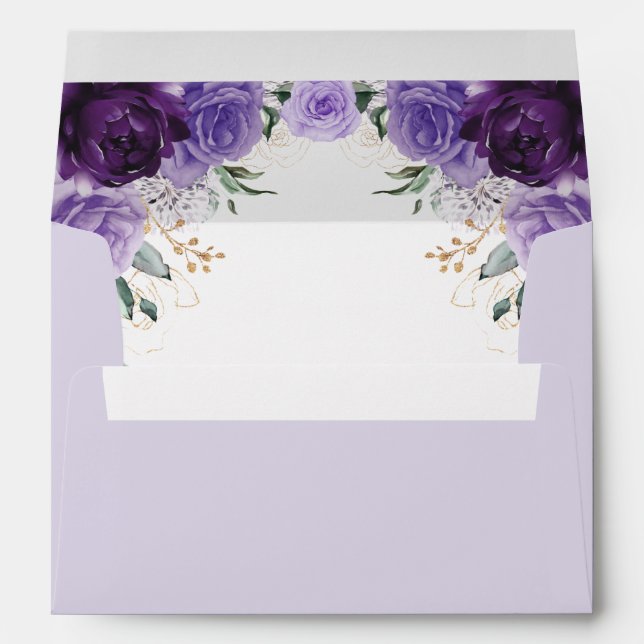 Lavender Purple Gold Floral Watercolor Flowers Envelope (Back (Bottom))