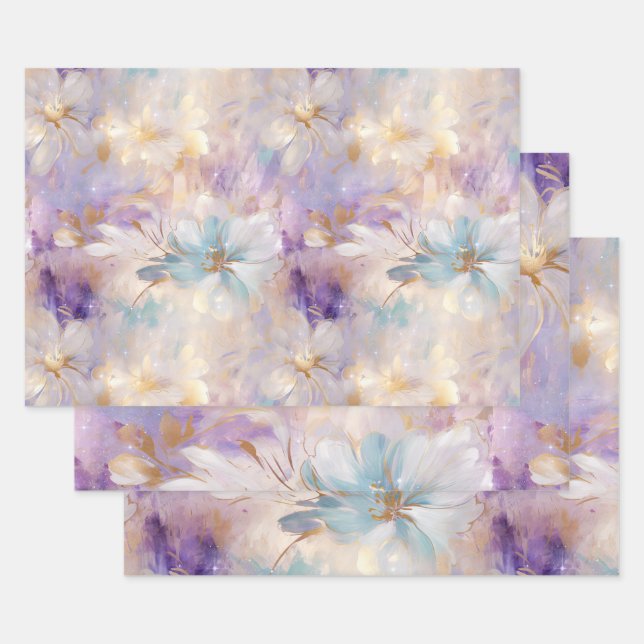 Lavender Purple Gold Glam Floral Bridal Shower Wrapping Paper Sheet (Set)