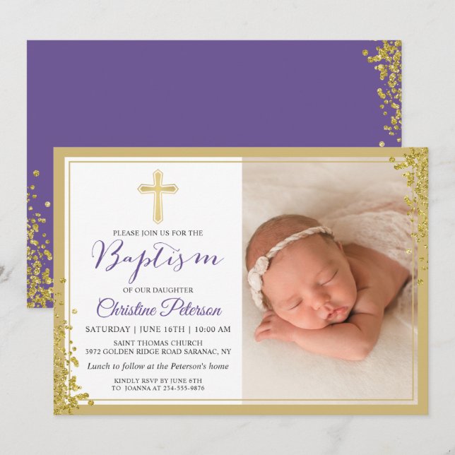Lavender Purple Gold Glitter Baptism Photo Invitation (Front/Back)