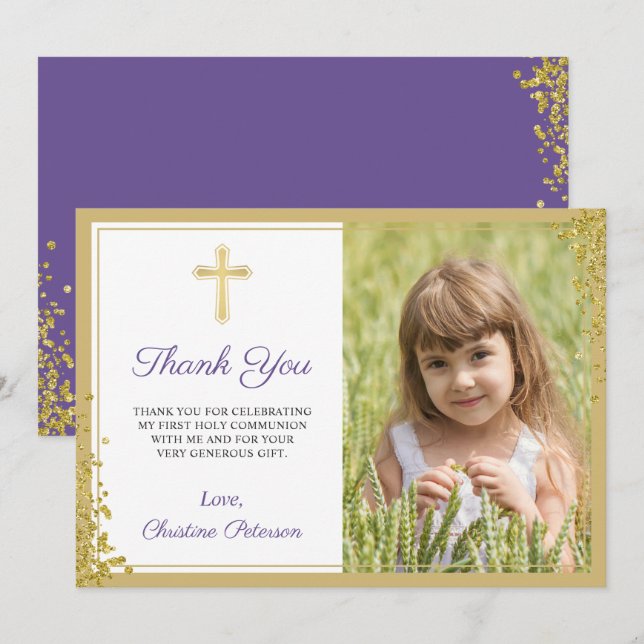 Lavender Purple Gold Glitter First Holy Communion Thank You Card (Front/Back)