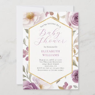 Lavender Purple Gold Roses Peonies Baby Shower Invitation