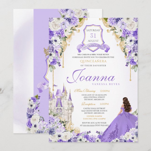 Lavender Purple Gold Royal Princess Castle Quince Invitation (Front/Back)