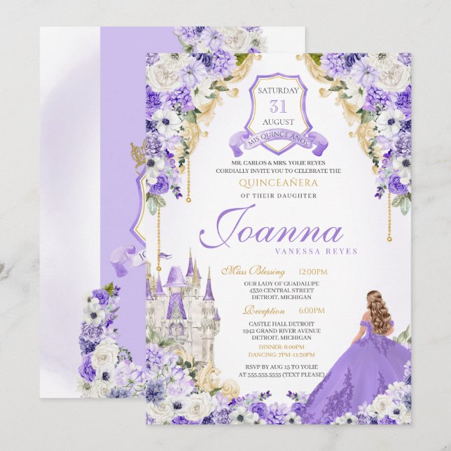 Lavender Purple Gold Royal Princess Castle Quince Invitation (Front/Back)