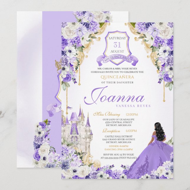 Lavender Purple & Gold Royal Princess Quinceanera Invitation (Front/Back)