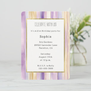 Lavender Purple Gold Stripes Birthday Invitation