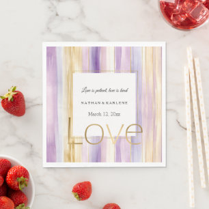 Lavender Purple Gold Stripes Love Wedding Napkin