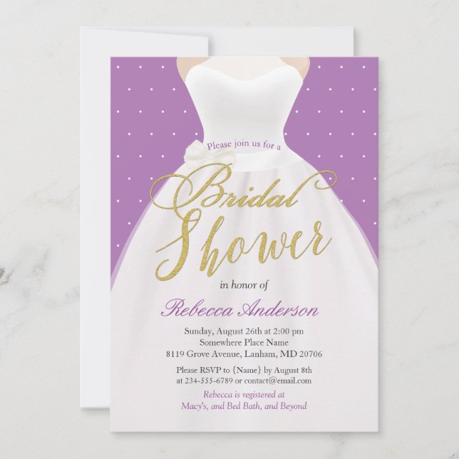 Lavender Purple Gold Wedding Dress Bridal Shower Invitation (Front)