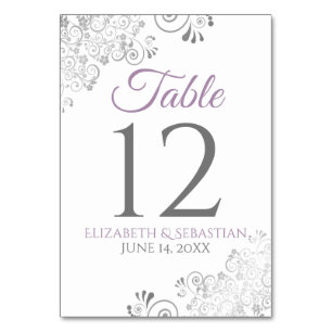 Lavender Purple & Gray Elegant Filigree Wedding Table Number