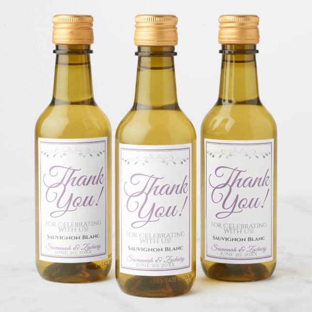 Lavender Purple & Gray Wedding Thank You Mini Wine Label (Bottles)