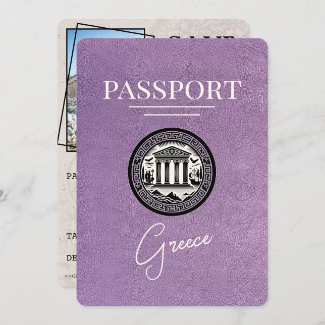 Lavender Purple Greece Passport Save the Date Card (Front/Back)