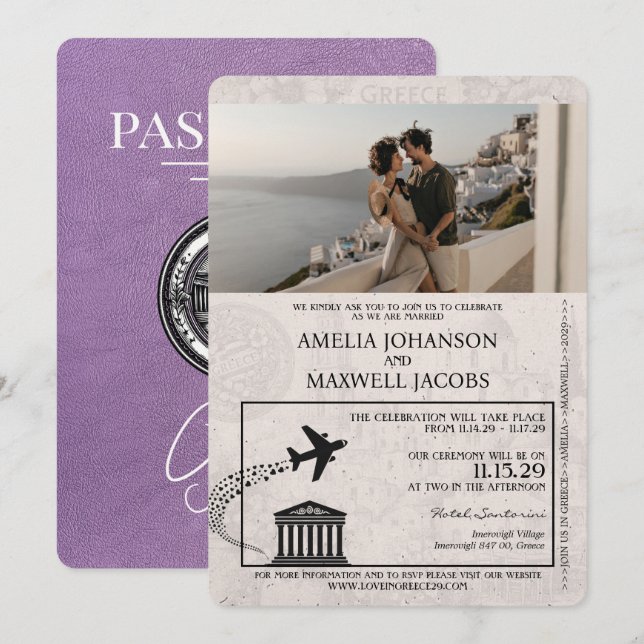 Lavender Purple Greece Passport Wedding Invitation (Front/Back)