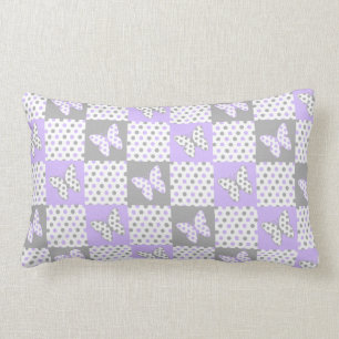 Lavender Purple Grey Butterfly Polka Dot Quilt Lumbar Cushion
