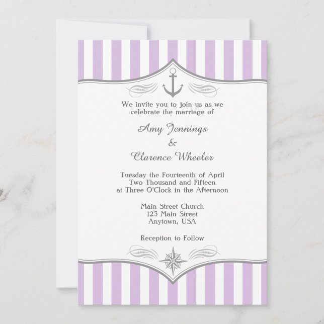 Lavender Purple Grey Nautical Wedding Invitation (Front)
