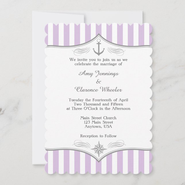 Lavender Purple Grey Nautical Wedding Invitation (Front)