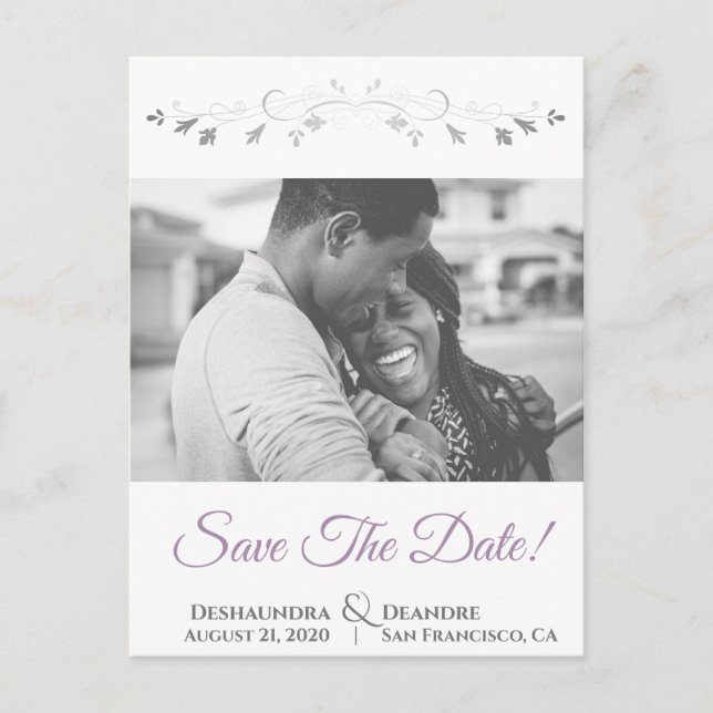 Lavender Purple & Grey Wedding Save the Date Holiday Postcard (Front)