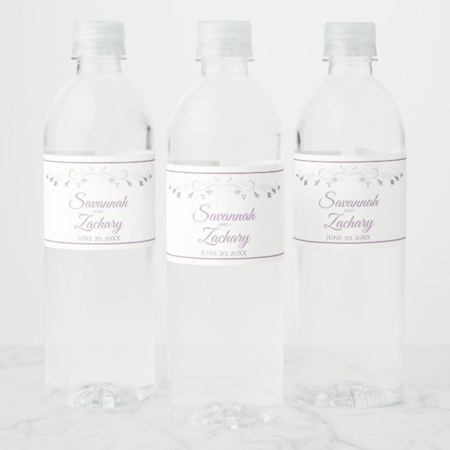 Lavender Purple & Grey Wedding Water Bottle Labels (Bottles)