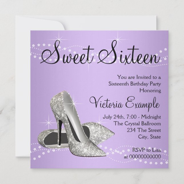 Lavender Purple High Heels Sweet 16 Party Invitation (Front)