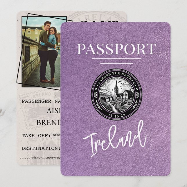 Lavender Purple Ireland Passport Save The Date (Front/Back)