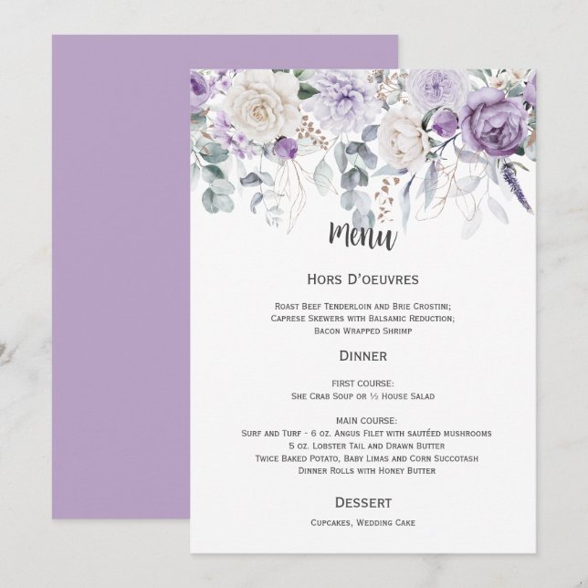 Lavender, Purple, Ivory, Green Wedding Menu Invitation (Front/Back)