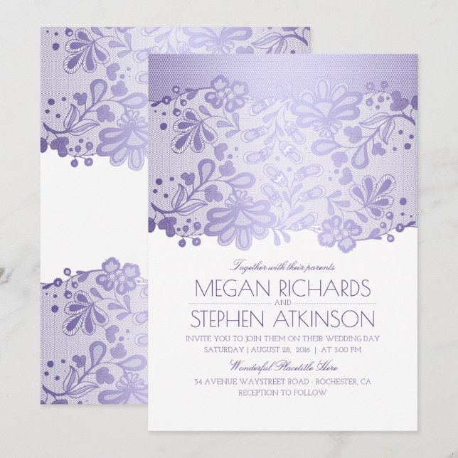 Lavender Purple Lace Elegant Vintage White Wedding Invitation (Front/Back)