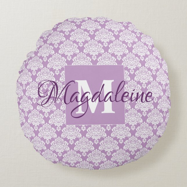 Lavender Purple Lacy Damask Chic Monogram & Name Round Cushion (Front)
