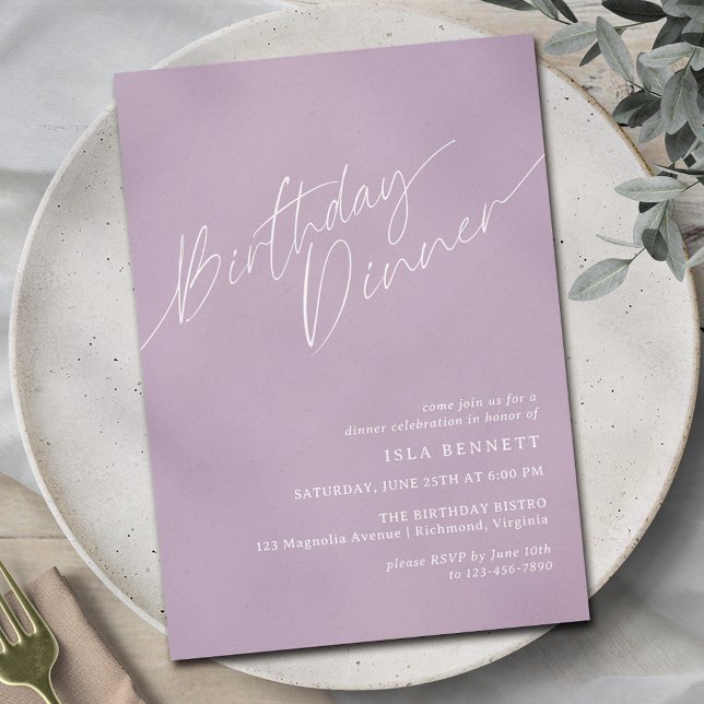 Lavender Purple Lilac Chic Minimal Birthday Dinner Invitation (Creator Uploaded)