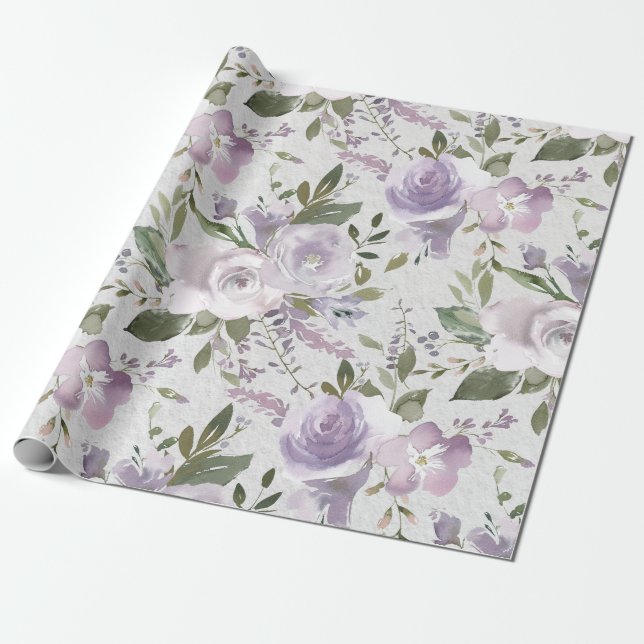 Lavender Purple Lilac Watercolor Floral Flowers Wrapping Paper (Unrolled)