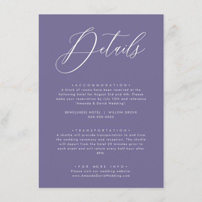 Lavender Purple Lilac Wedding Details Card (Front)