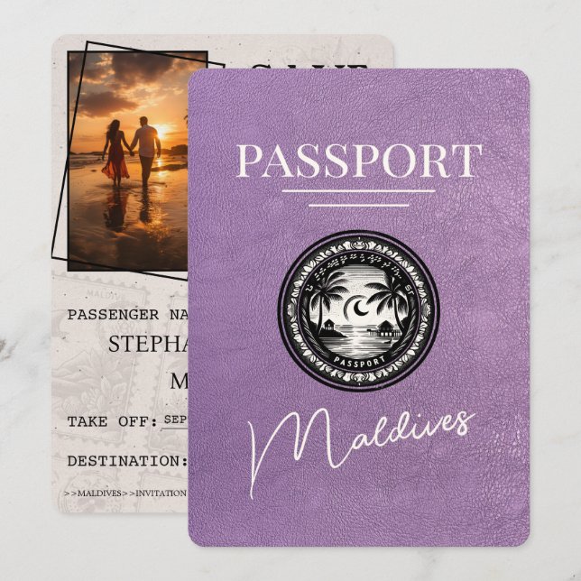 Lavender Purple Maldives Passport Save The Date (Front/Back)