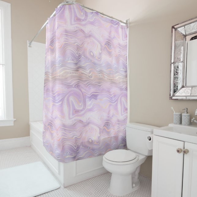 Lavender Purple Marble Strata Shower Curtain (In Situ)
