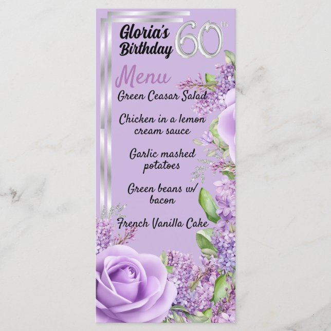 Lavender purple milestone 60th birthday menus (Front)