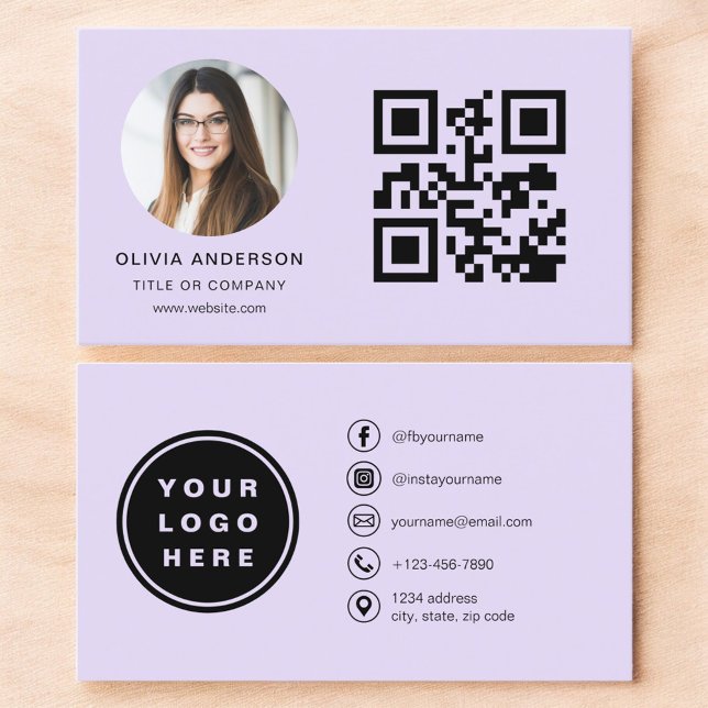 Lavender Purple Minimalist Photo with QR Code Business Card (Creator Uploaded)