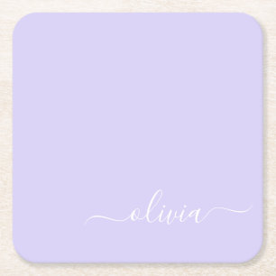 Lavender Purple Modern Script Girly Monogram Name Square Paper Coaster