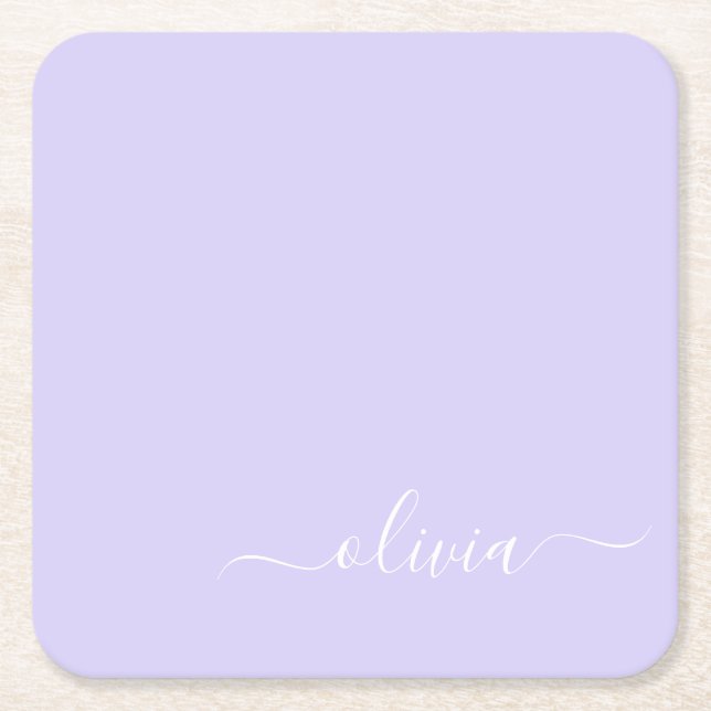 Lavender Purple Modern Script Girly Monogram Name Square Paper Coaster (Front)
