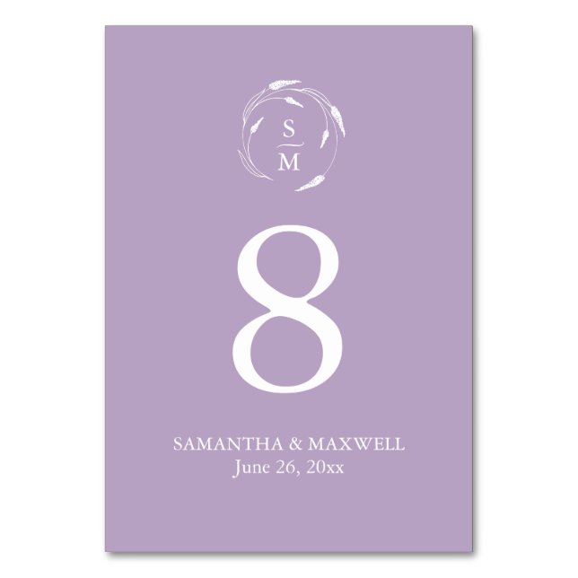 Lavender Purple Monogram Wedding Table Number Card (Front)