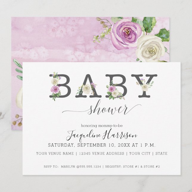 Lavender Purple n White Florals | Girl Baby Shower Invitation (Front/Back)