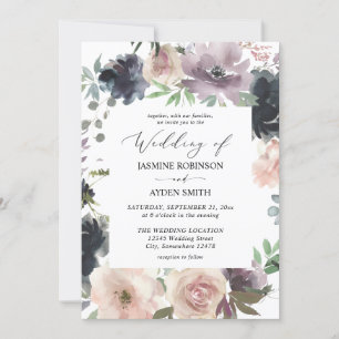Lavender Purple, Navy, Blush Pink Floral Wedding Invitation