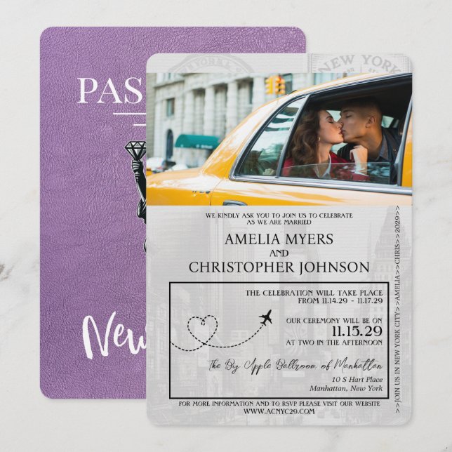 Lavender Purple New York City Passport Wedding Invitation (Front/Back)