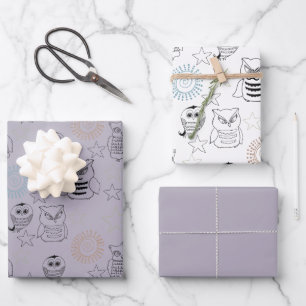 Lavender Purple Night Owls Wrapping Paper Sheet