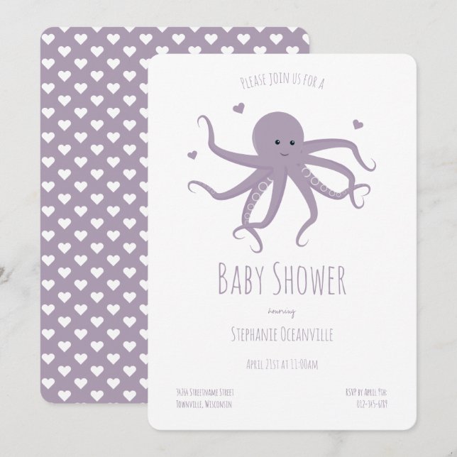 Lavender Purple Octopus Hearts Cartoon Baby Shower Invitation (Front/Back)