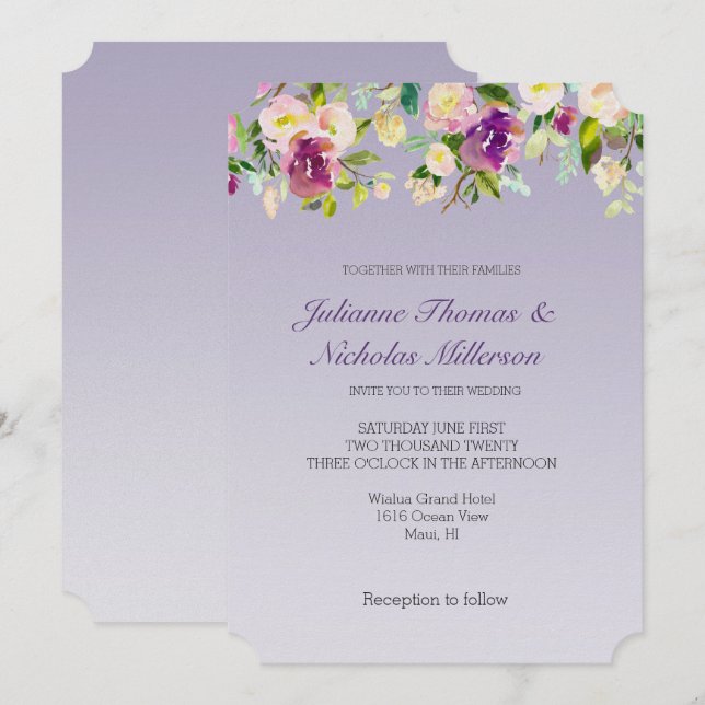 Lavender Purple Ombre Burgundy Blush Floral Invitation (Front/Back)
