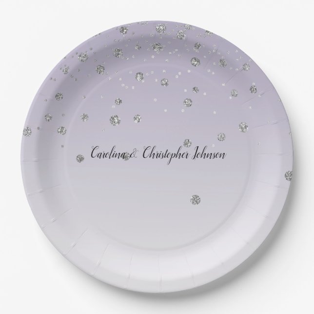 Lavender Purple Ombre Silver Confetti Sparkle Paper Plate (Front)