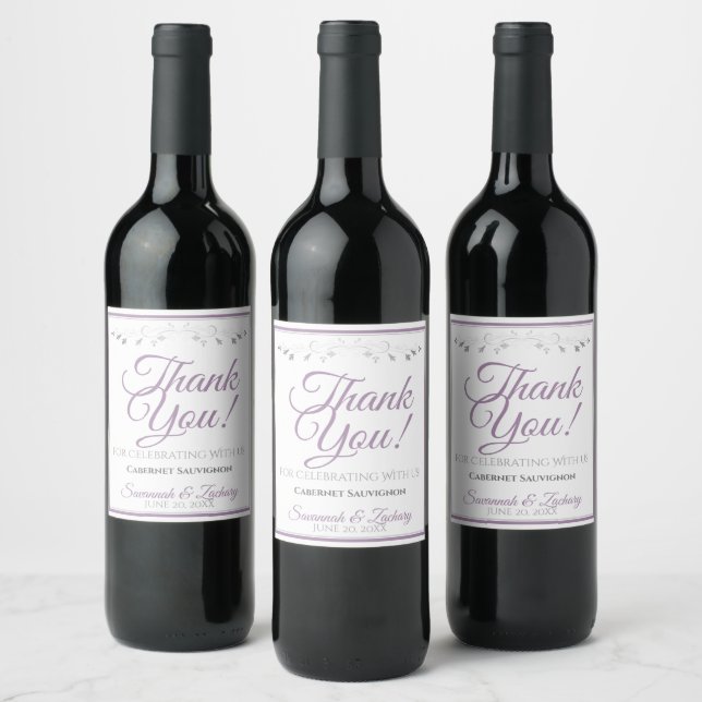 Lavender Purple on White Elegant Wedding Thank You Wine Label (Bottles)