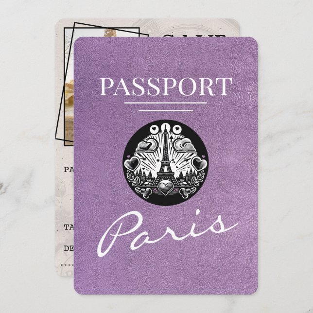 Lavender Purple Paris Passport Save The Date (Front/Back)