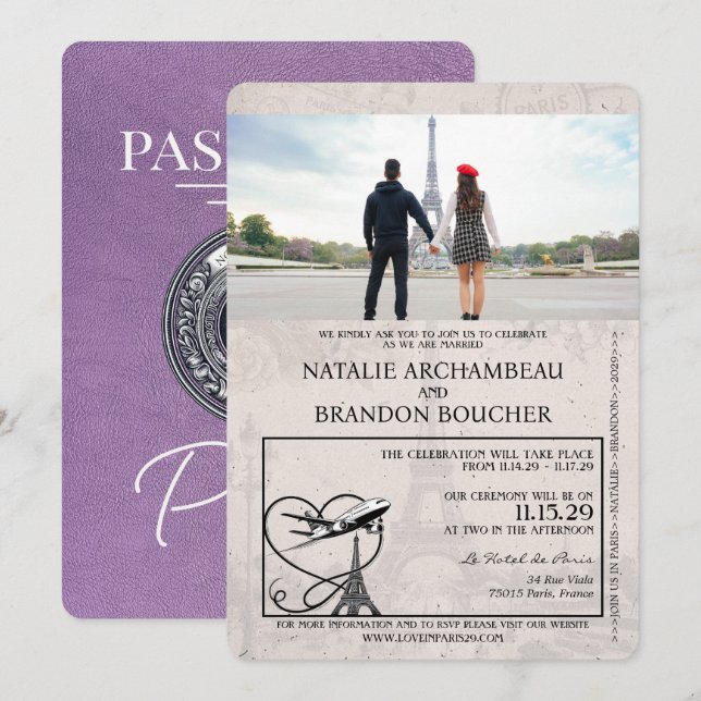 Lavender Purple Paris Passport Wedding Invitation (Front/Back)