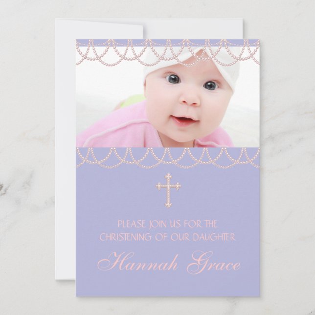 Lavender Purple Pearl Cross Photo Christening Invitation (Front)