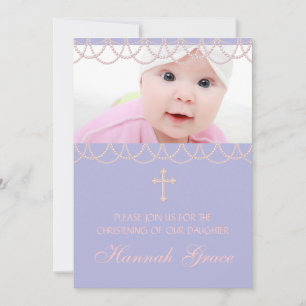 Lavender Purple Pearl Cross Photo Christening Invitation