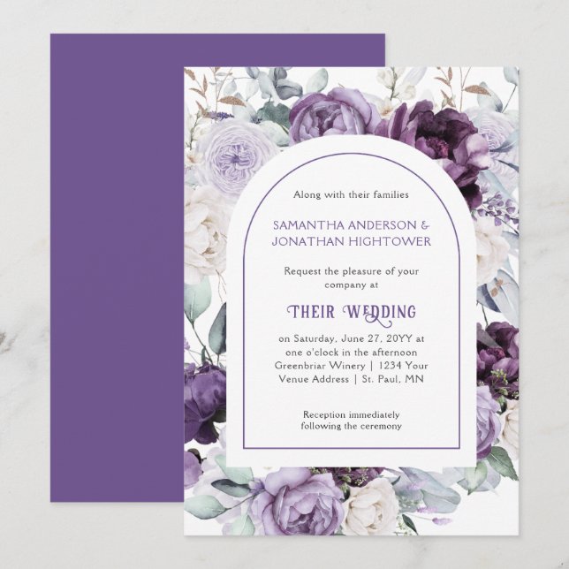 Lavender Purple Peonies Oval Border Wedding | Invi Invitation (Front/Back)