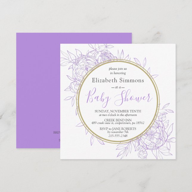 Lavender Purple Peony Floral Toile Baby Shower Invitation (Front/Back)