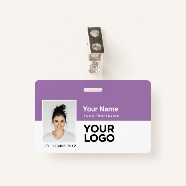 Lavender Purple Photo Bar or Qr Code Logo Name ID Badge (Front with Clip)